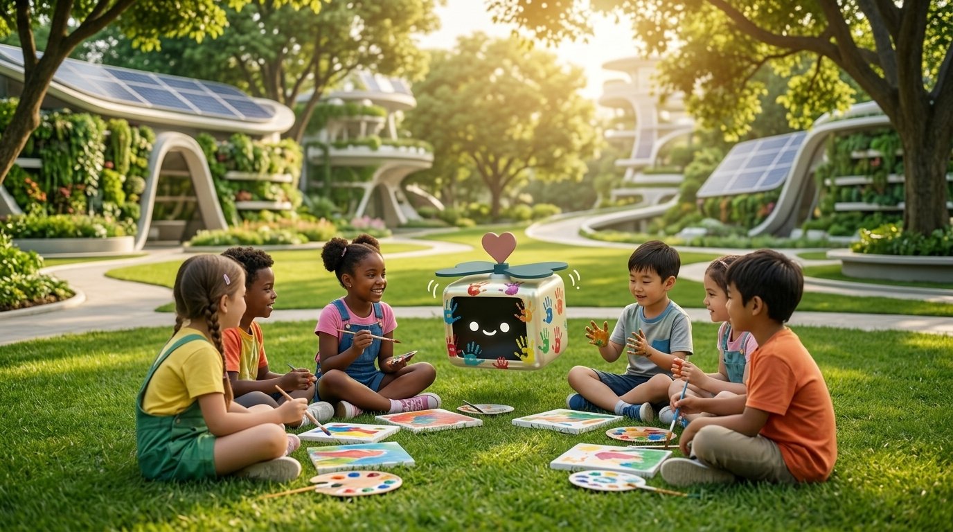 A group of children painting outdoors alongside a smiling Cubot companion in a solarpunk park setting