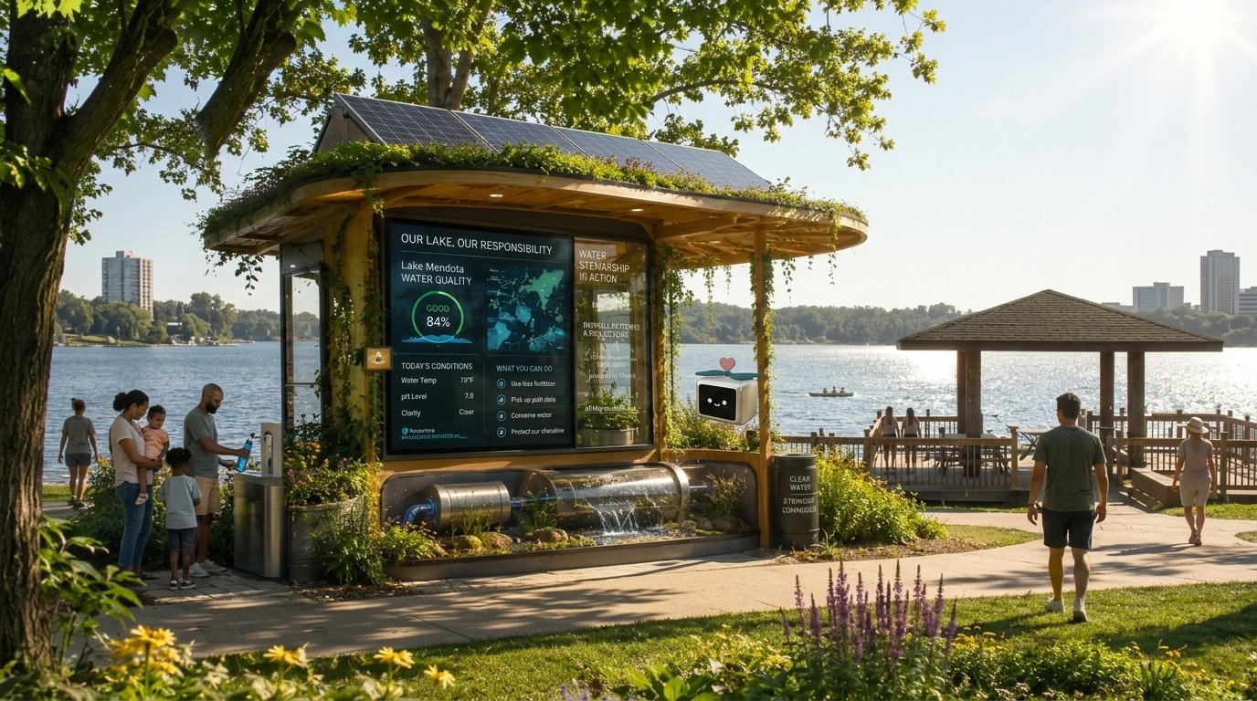 A lakeside kiosk displaying real-time water quality data for Lake Mendota, with a small Cubot mascot and families reading the display