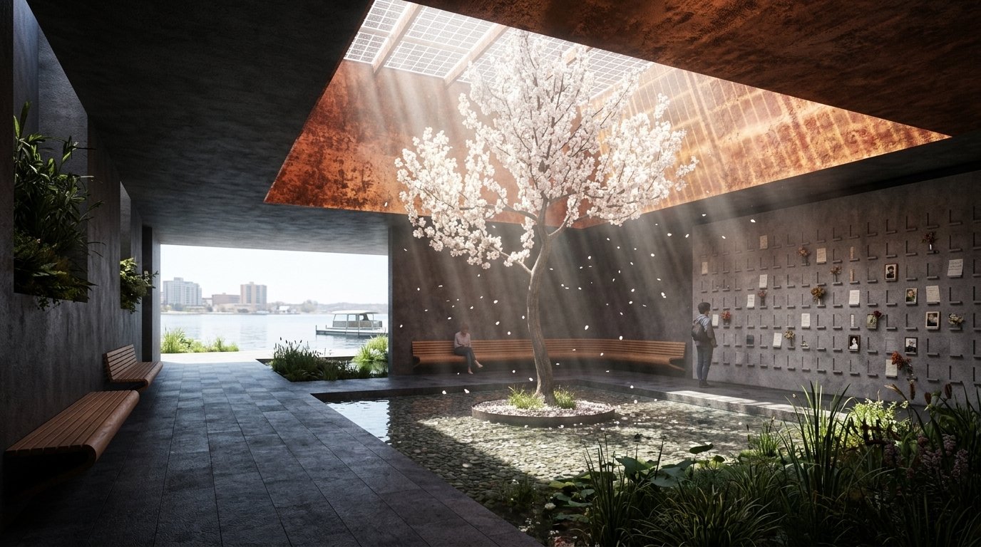 A memorial grove interior with a blossoming cherry tree lit by skylight, wooden benches, and a wall of engraved memorial niches beside a lake view