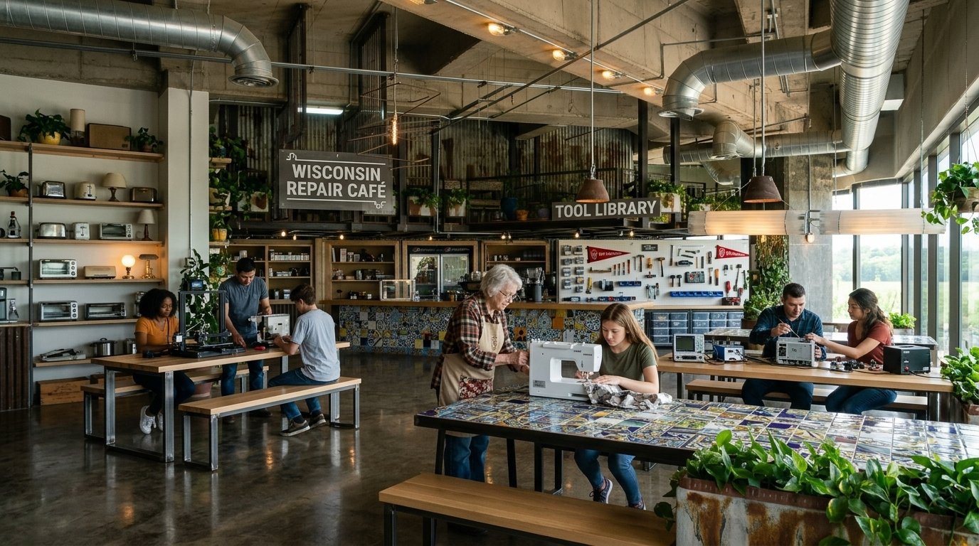 The Wisconsin Repair Cafe and tool library, with volunteers helping community members fix appliances and electronics at communal tables