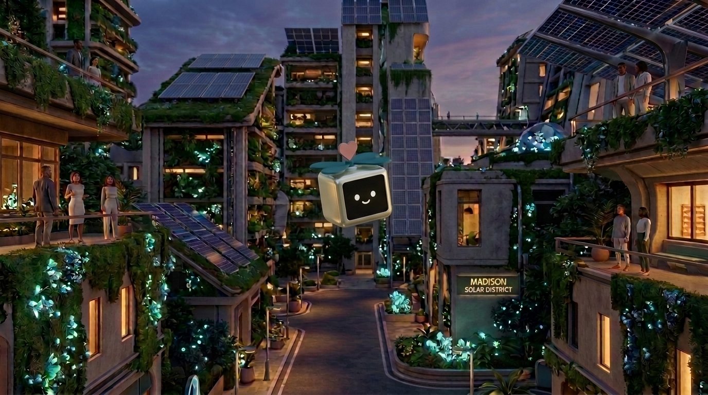 A nighttime view of the Madison Solar District, a green, solar-paneled neighborhood glowing with light as Cubot flies through the street