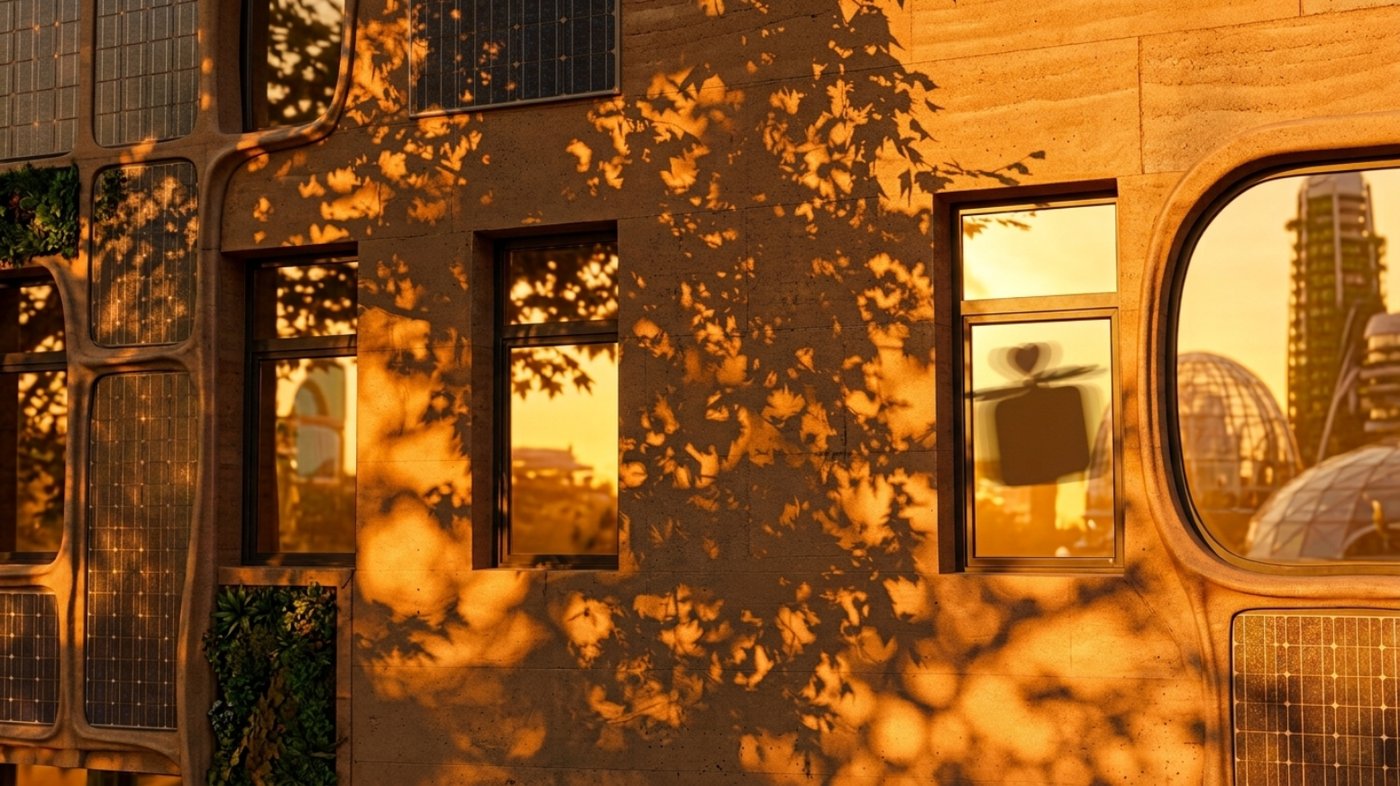 Golden-hour light casting tree shadows across a building facade, with Cubot&rsquo;s silhouette reflected in a window beside distant domed structures