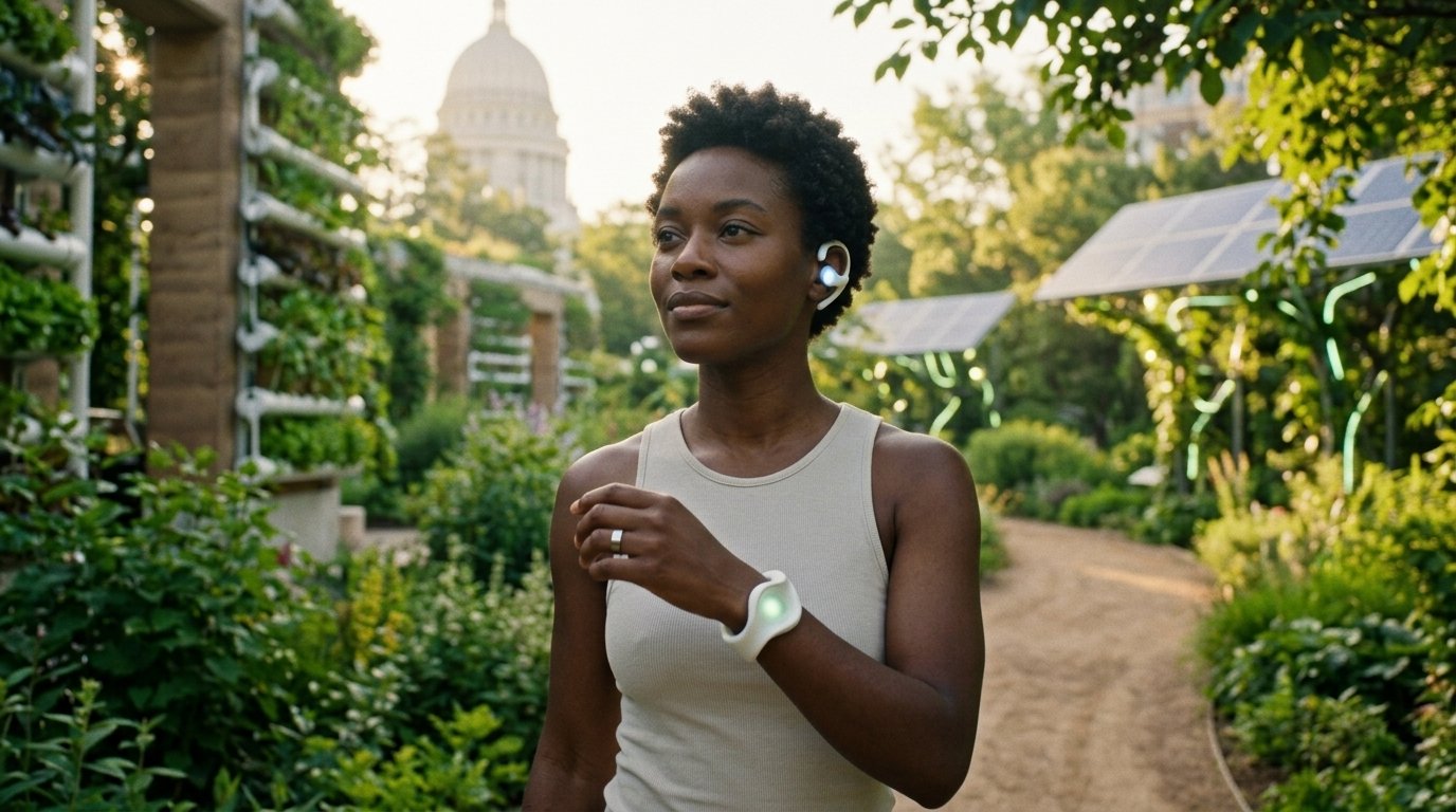 A woman jogging through a garden path wearing future wellness wearables, an earpiece and a glowing wristband, with the Capitol dome in the distance