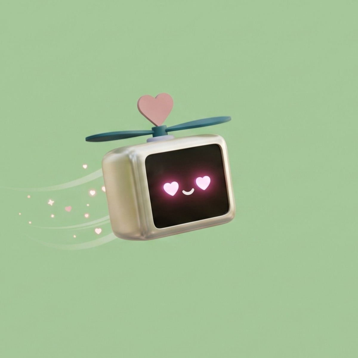 The heart-propellered companion robot, with heart-shaped eyes, flying against a soft sage green background