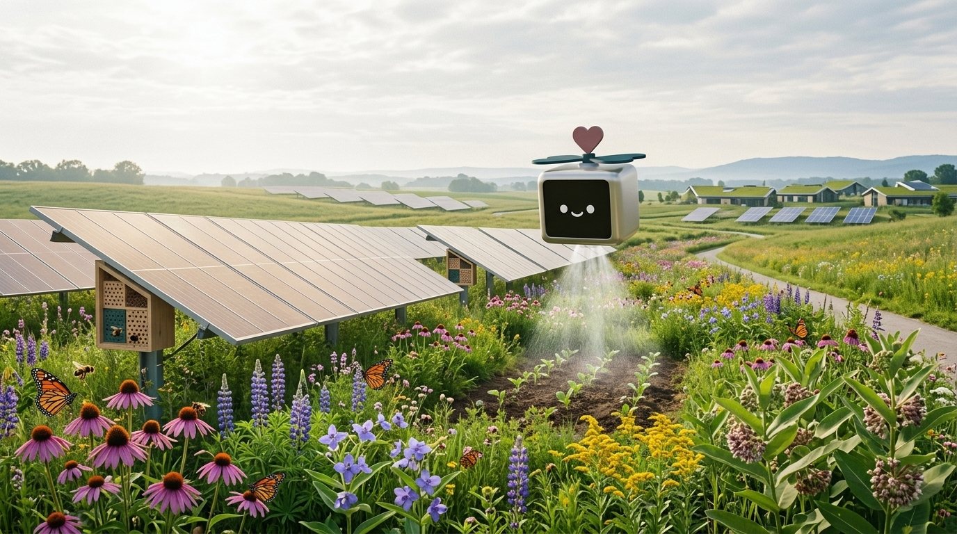 A small heart-propellered companion robot waters a wildflower meadow threaded between solar panels, with a solarpunk village in the distance