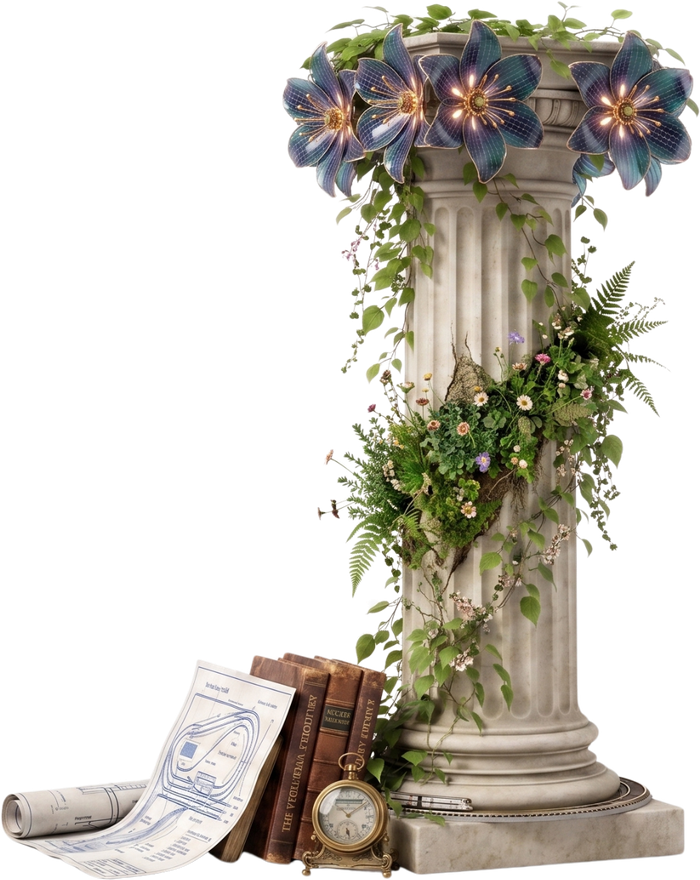 Primary Infrastructure: an illustrated column wrapped in vines and glowing solar blossoms, beside a blueprint, books, and a pocket watch