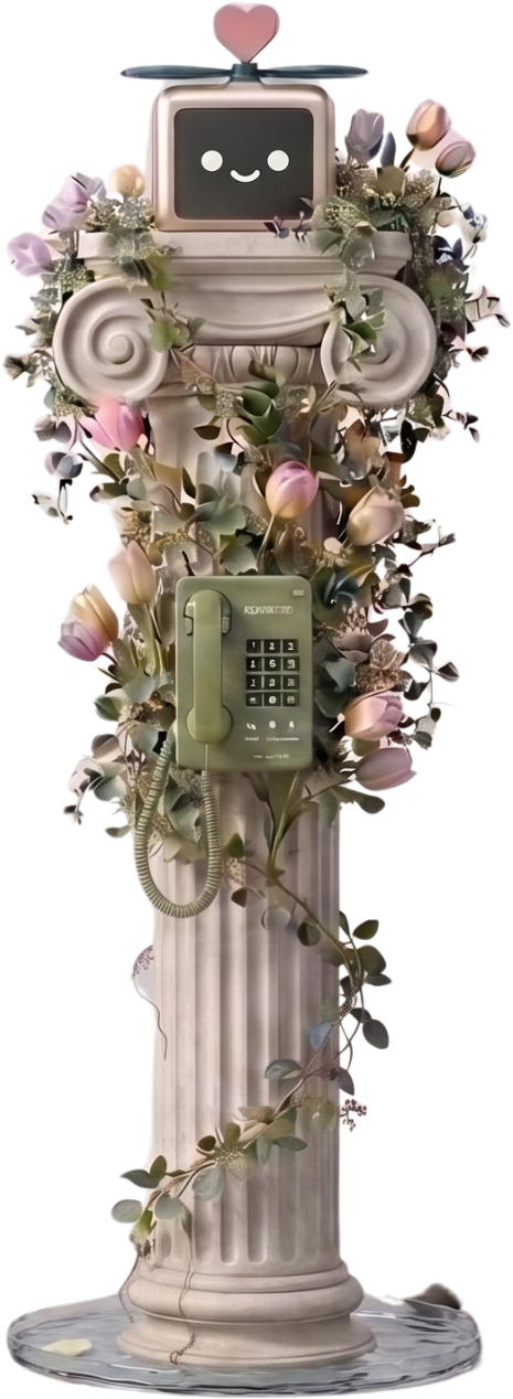 Care Technology: an illustrated column topped with the smiling Cubot companion and a vintage payphone, wrapped in tulips