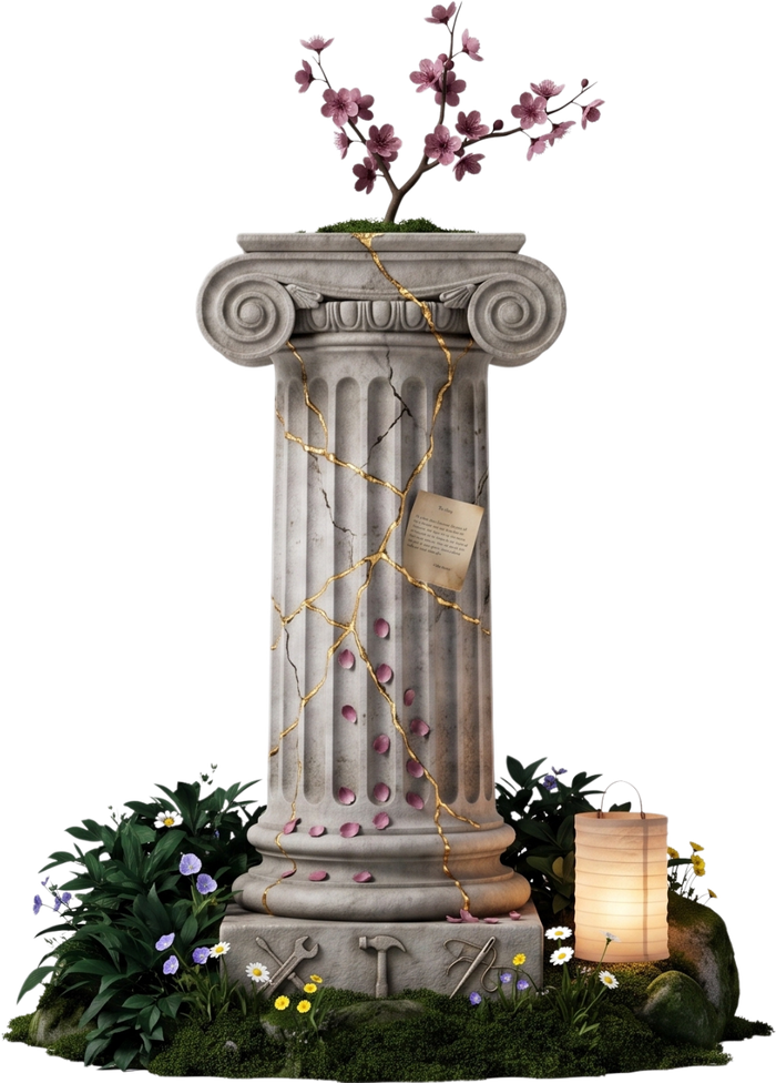 Repair & Restoration: an illustrated column mended with gold kintsugi seams, topped with cherry blossoms and surrounded by repair tools