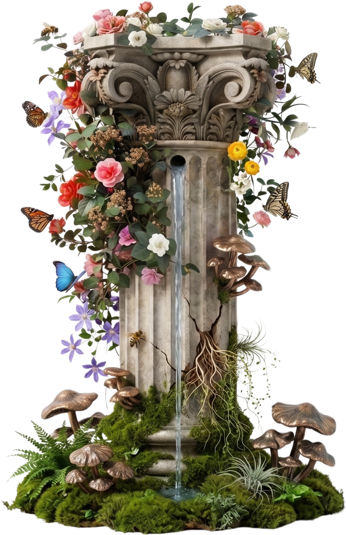 Planetary Love: an illustrated column flowing with water, covered in wildflowers, mushrooms, bees, and butterflies