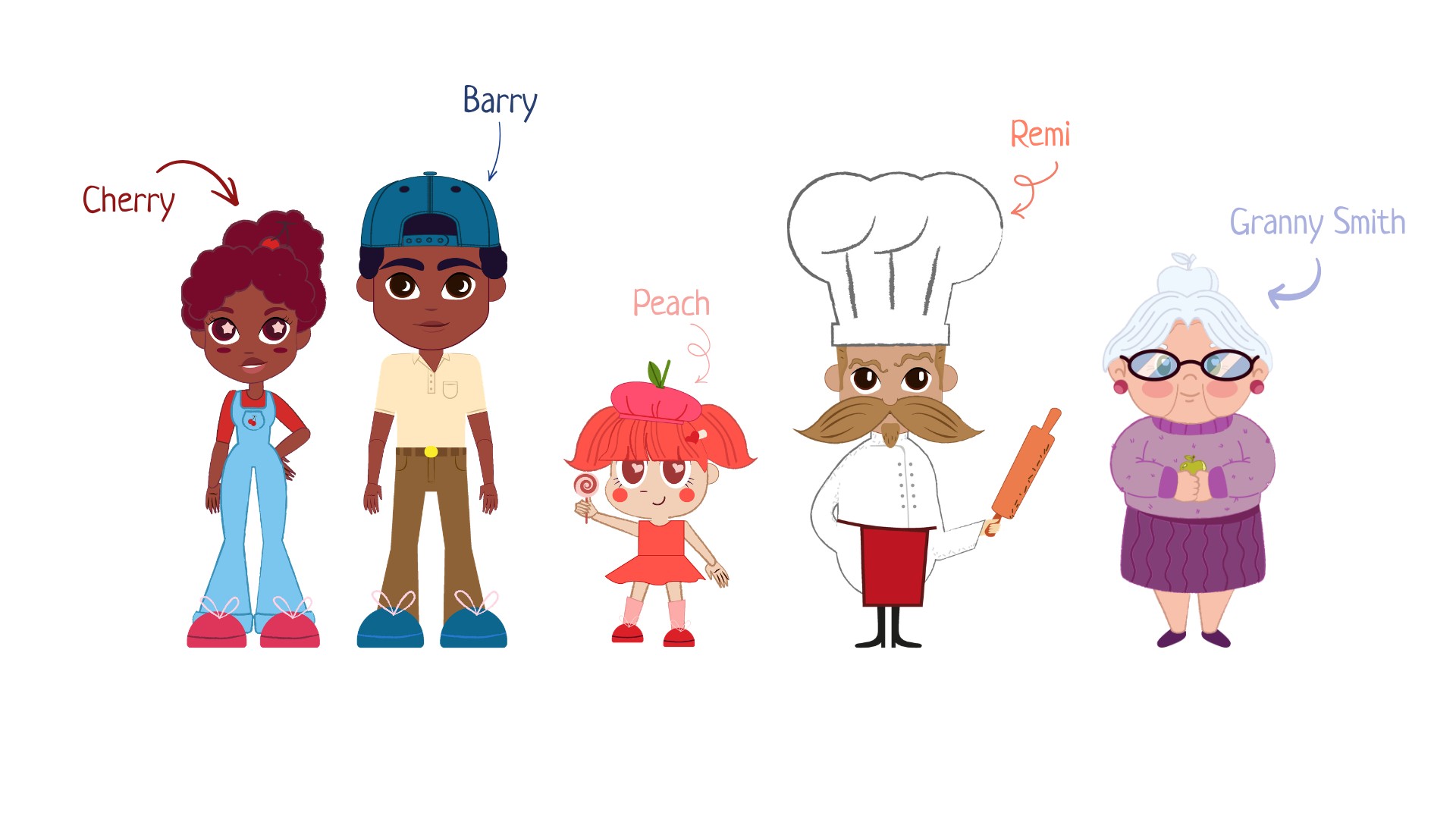 Character sheet for Imagin8V Park showing five illustrated characters: Cherry in blue overalls, Barry in a baseball cap and polo shirt, Peach a small girl in a strawberry hat holding a lollipop, Remy a mustached chef holding a rolling pin, and Granny Smith, an elderly woman in glasses and a purple sweater holding an apple