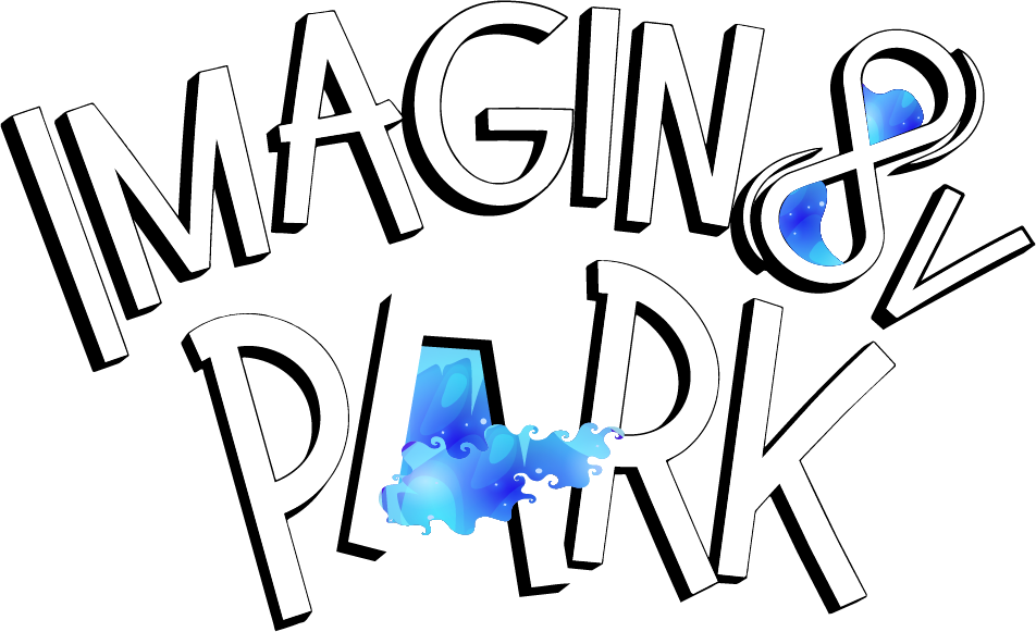 The Imagin8V Park hand-drawn wordmark: dimensional white letters with black outlines, arced across the top, with a glowing blue watercolor infinity symbol and 'A' filled in with a starry night-sky texture