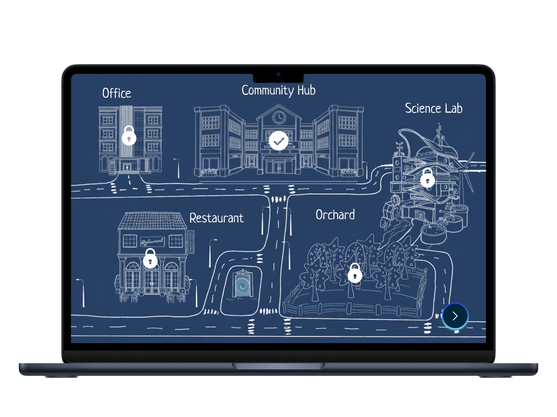 The in-game community map: a blueprint-style illustration of Office, Community Hub, Science Lab, Restaurant, and Orchard buildings, each marked with a lock icon except the completed Community Hub
