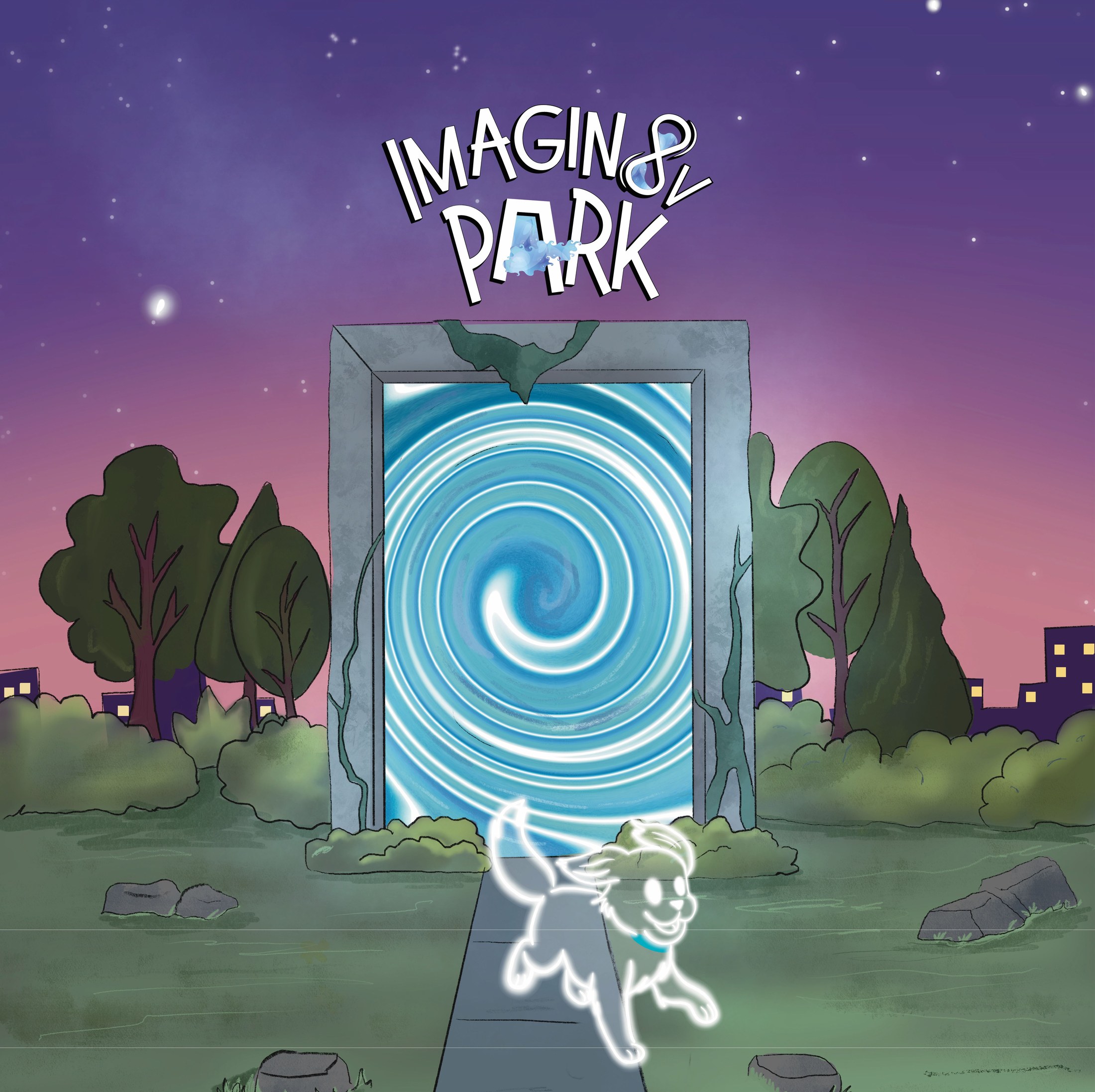 Imagin8V Park portal artwork: a glowing blue swirling gate in a park at dusk, with Terry, the ghost dog, running toward it