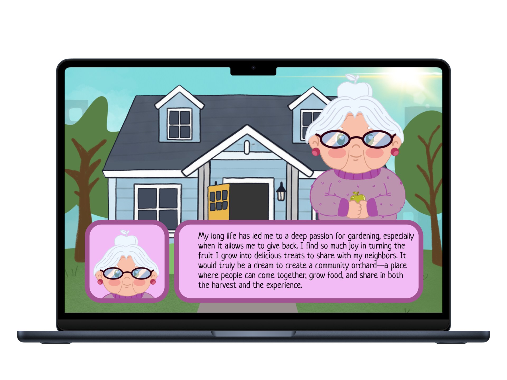 Gameplay screenshot: an elderly neighbor character talking about her dream of a shared community orchard