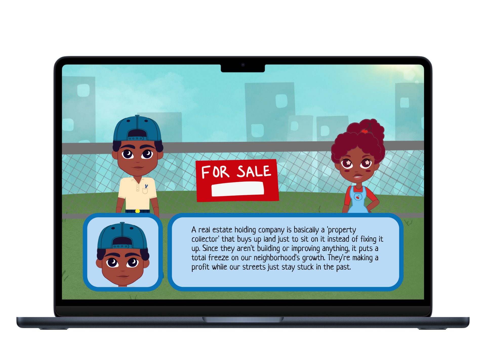 Gameplay screenshot: Barry standing in front of a For Sale sign, explaining what a real estate holding company is