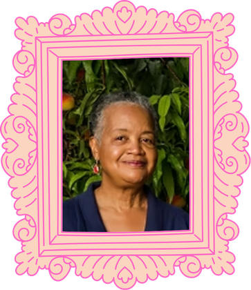 Portrait of Sharon Adams in an ornate pink frame
