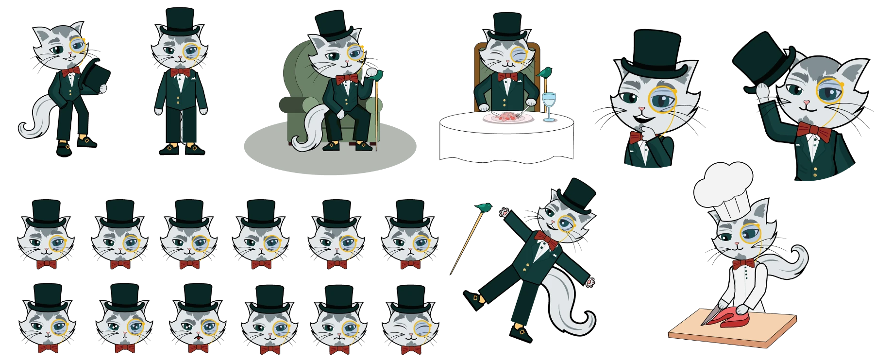 Mr. Whiskerworth character sheet: a hat tip, standing, armchair, and dining poses, a thinking pose, a tumble, a chef pose, and twelve head expressions