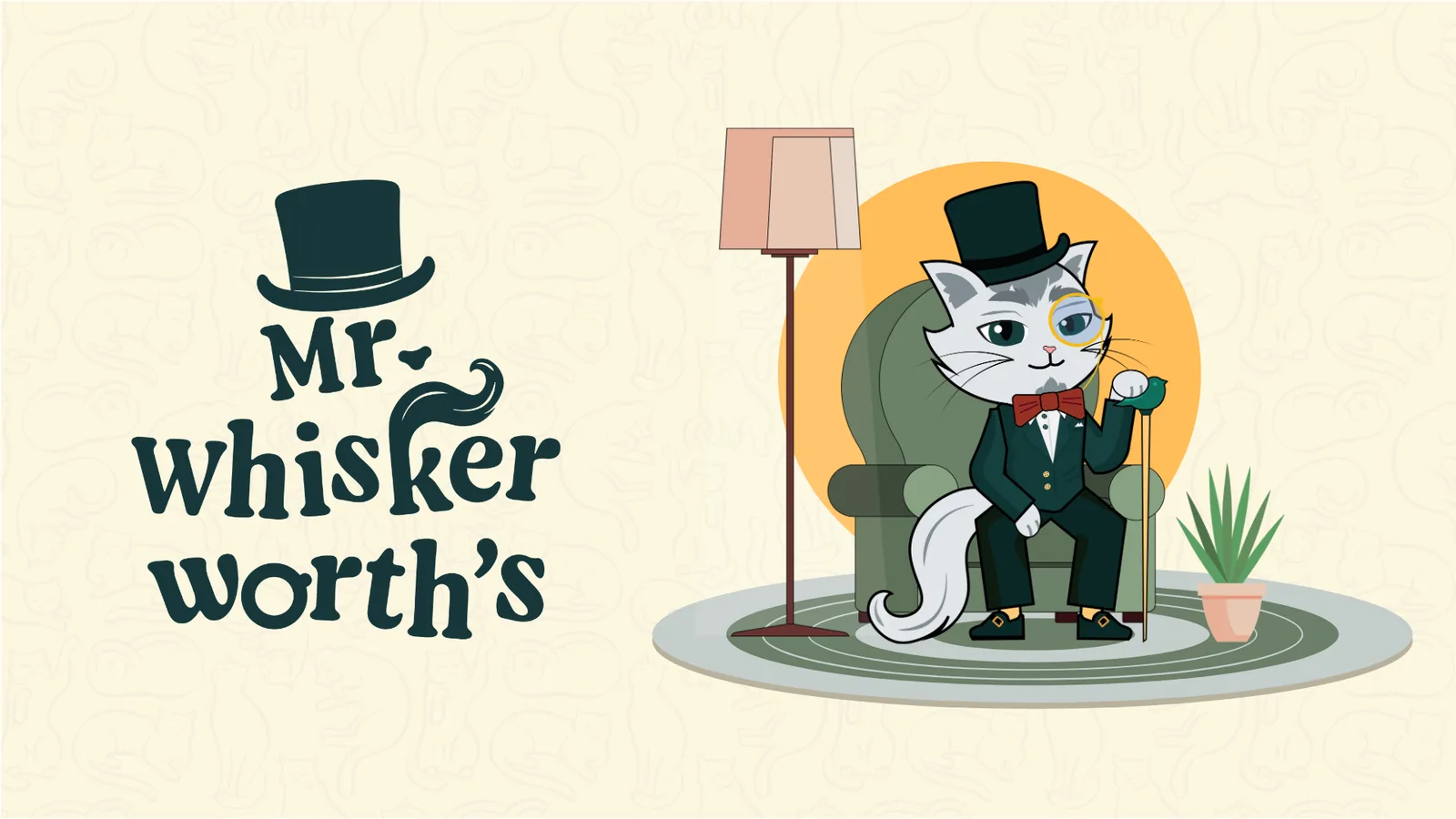 Mr. Whiskerworth's stacked wordmark beside the mascot: a grey cat in a green tailcoat, red bow tie and monocle, seated in an armchair with a cane