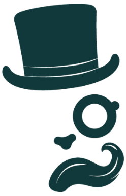 The brand icon: a top hat, monocle, nose, and curled mustache