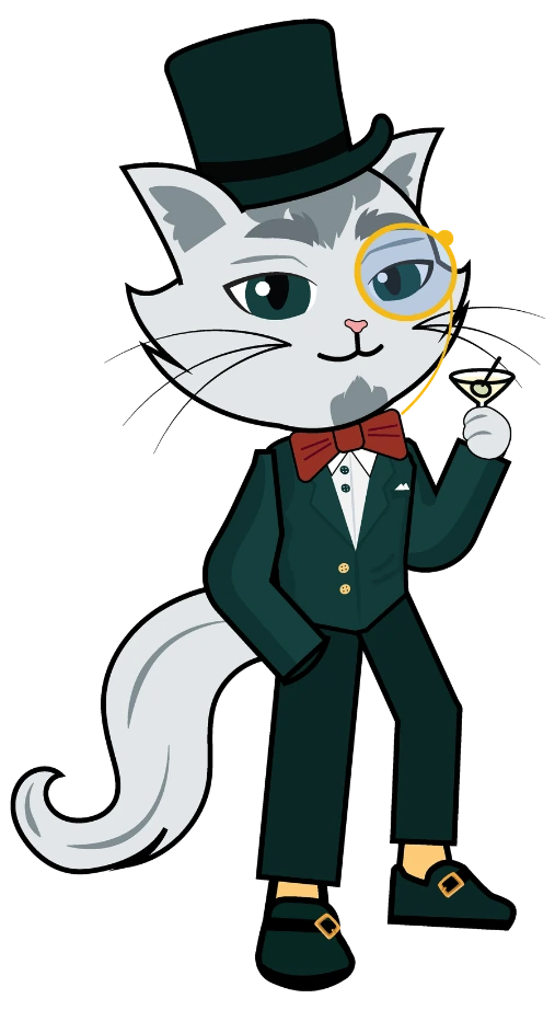 Mr. Whiskerworth full-length: a grey cat in a top hat, monocle, red bow tie, and dark green suit, holding a cocktail glass