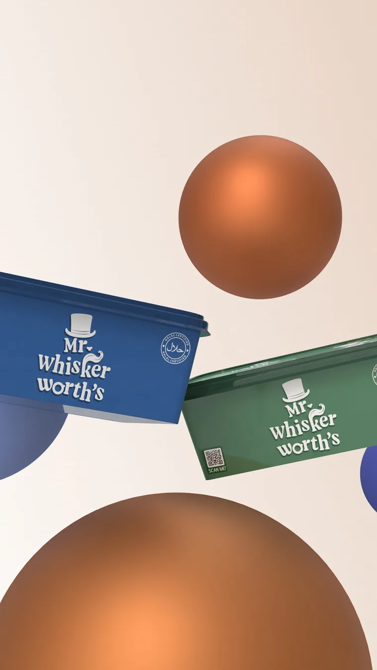Vertical 3D render of blue and green Mr. Whiskerworth's tubs among large copper spheres on a soft pink-grey background