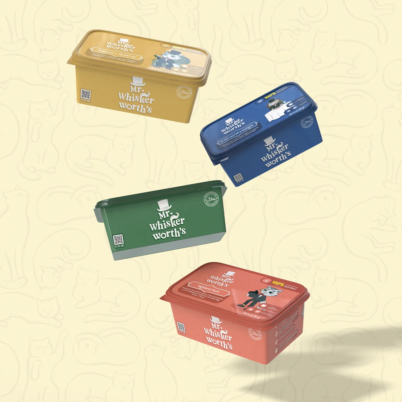 Four Mr. Whiskerworth's tubs in gold, blue, green, and red floating on a cream background with a soft shadow