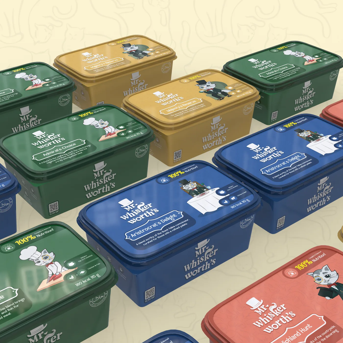 Rows of Mr. Whiskerworth's tubs in green, gold, blue, and red lined up like a shelf, each showing the mascot, a flavor name, and 100% nutrition badge