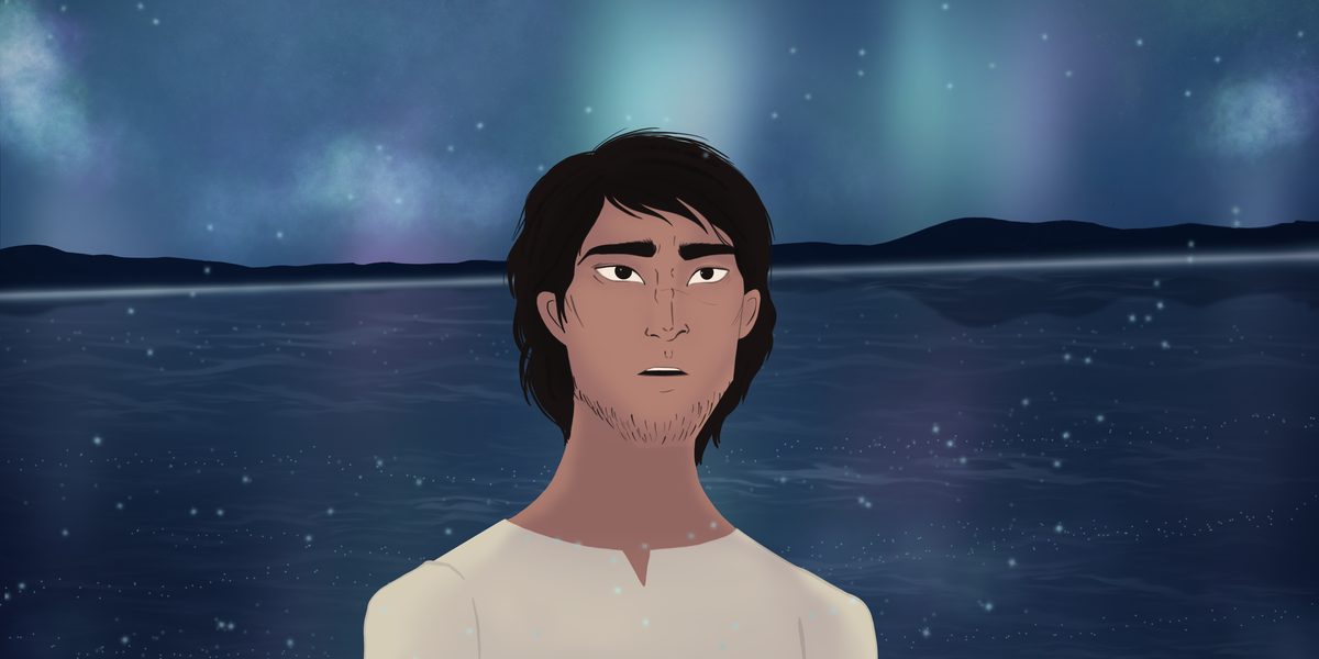 A young man with dark hair gazes up at the aurora over a night lake, a still from the film