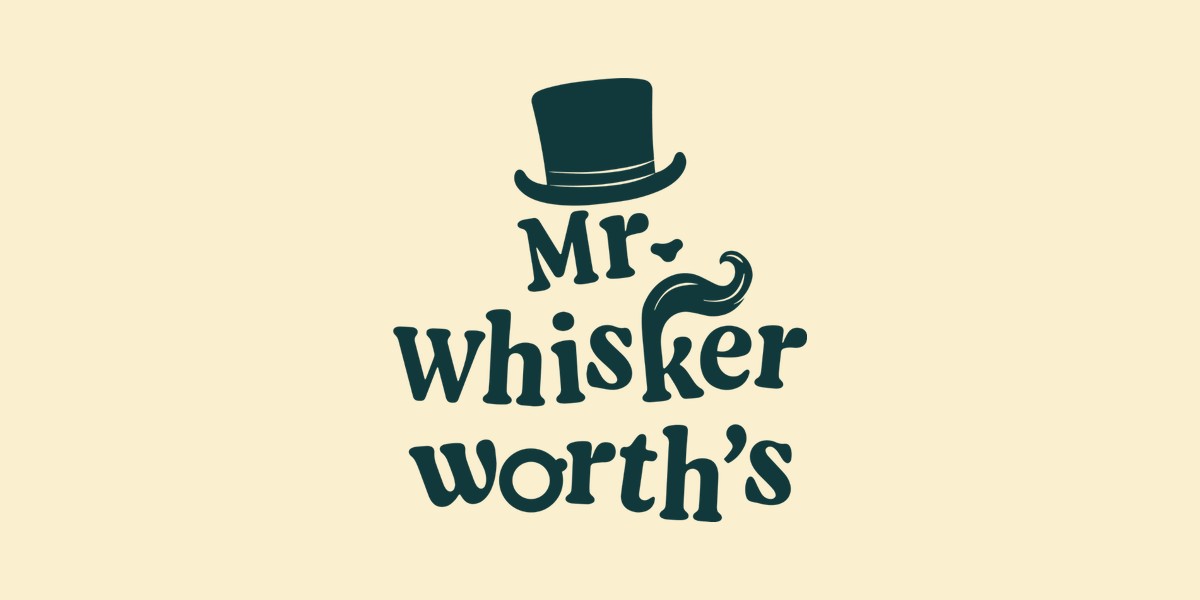 The Mr. Whiskerworth’s logo, a top hat above hand-lettered text, in dark green on yellow