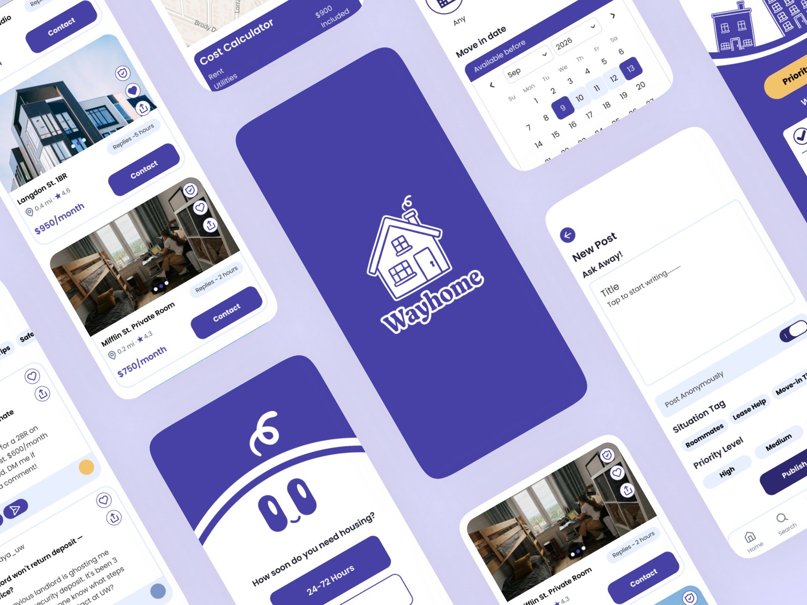 WayHome app screens: verified listings, cost calculator, move-in date picker, and community posts