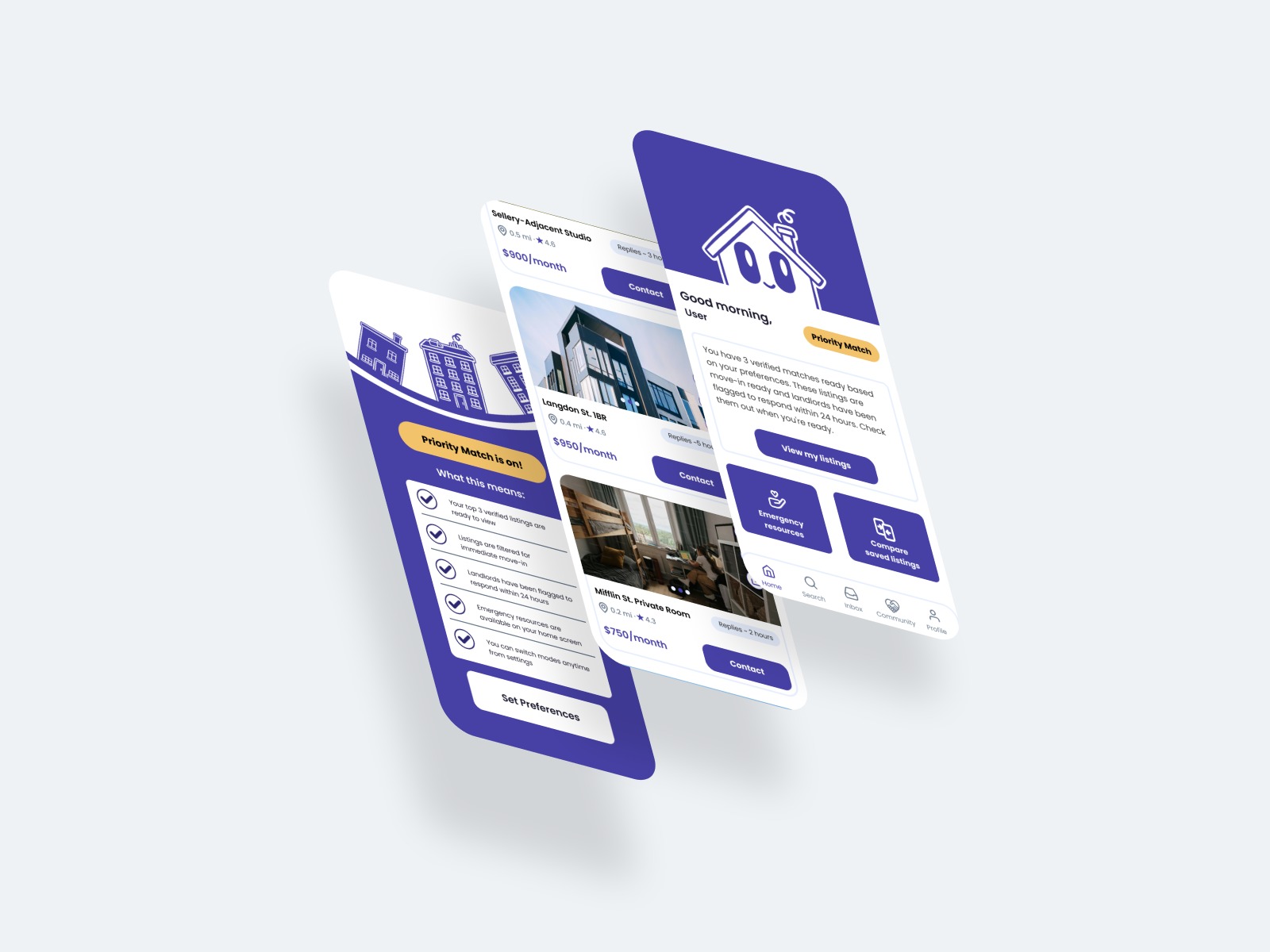 Three WayHome screens layered together: the home dashboard with Priority Match, a listings overview, and a saved listing