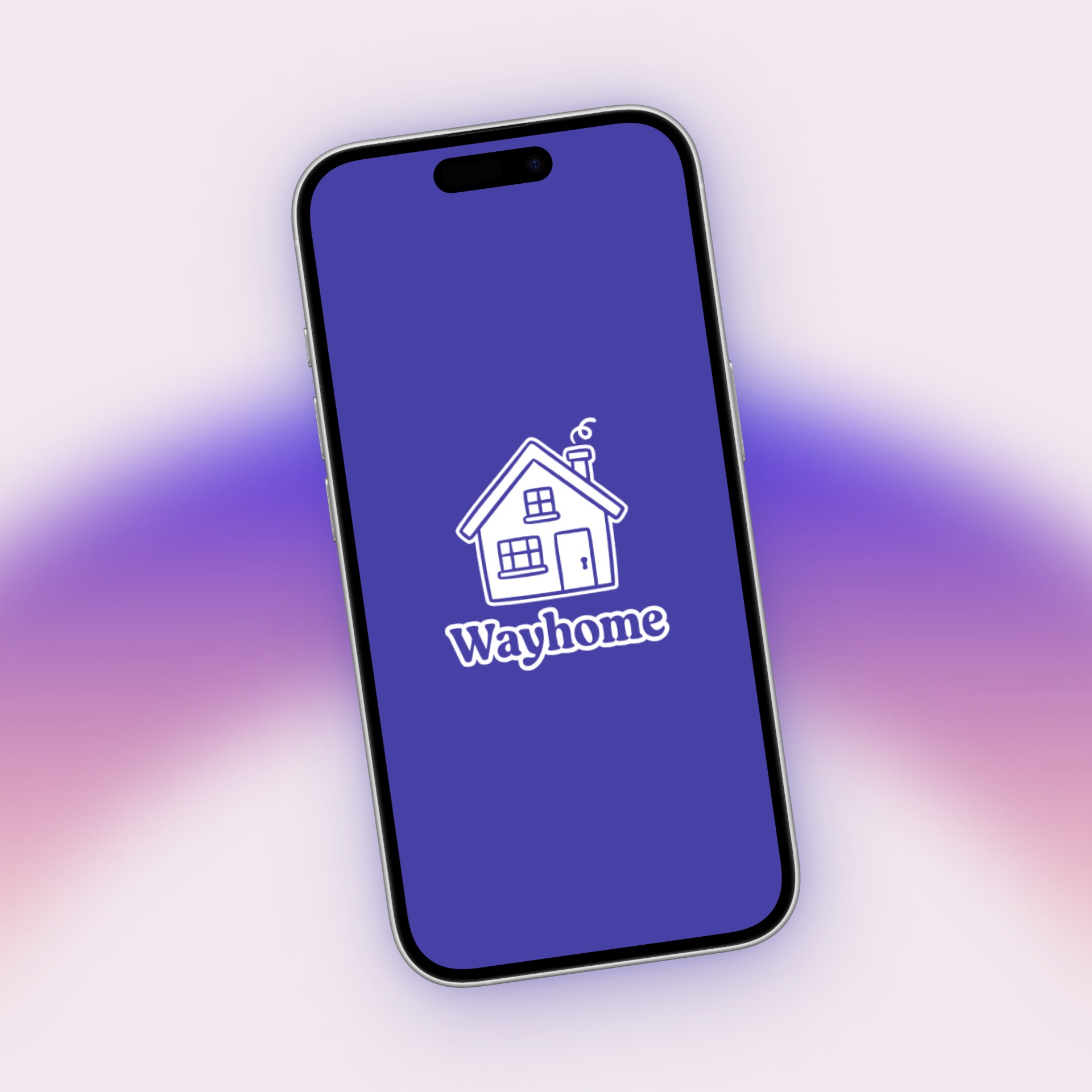 WayHome splash screen shown on a phone mockup with a soft purple glow